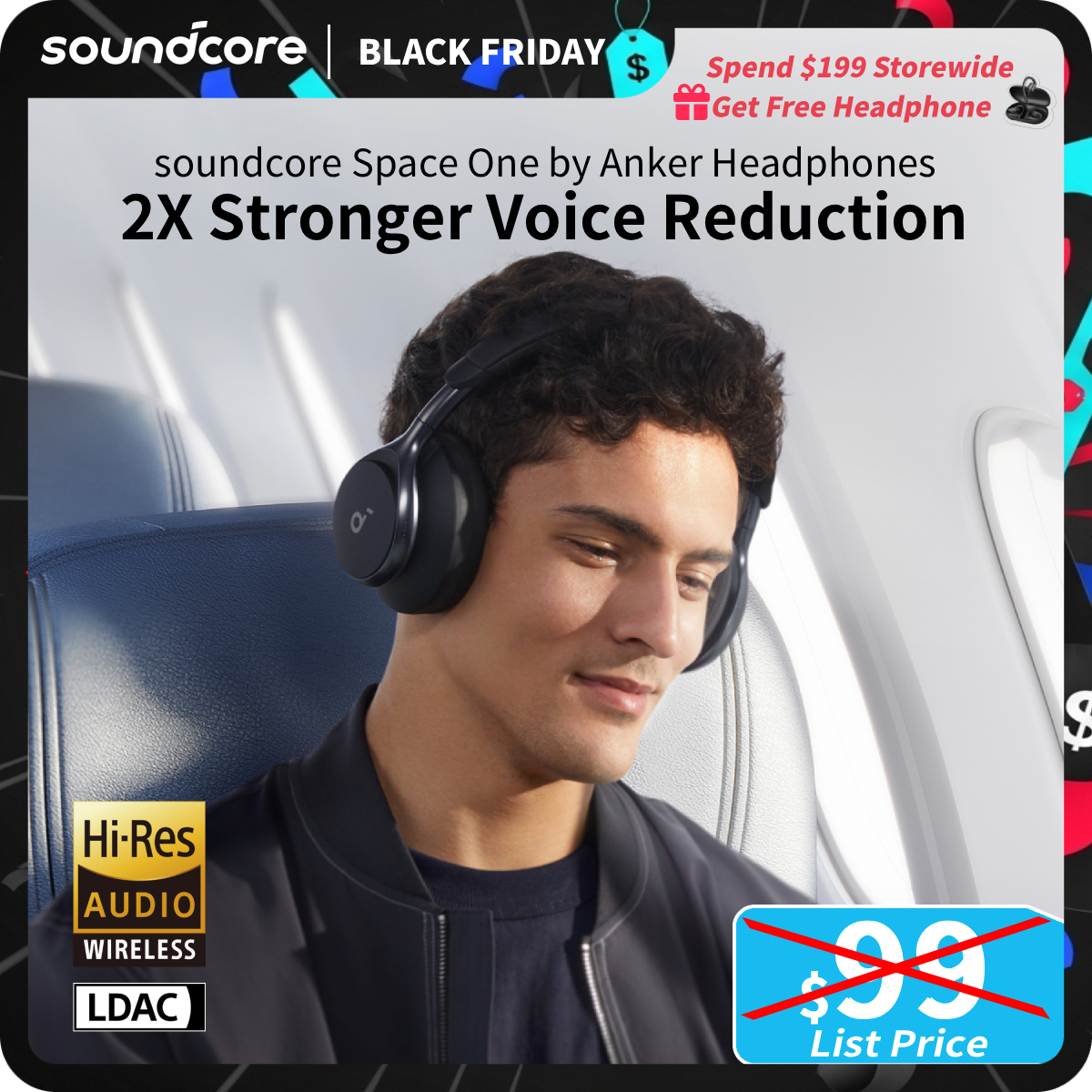 [TikTokShopBlackFriday] soundcore by Anker, Space One, Active Noise Cancelling Headphones, 2X Stronger Voice Reduction, 40H ANC Playtime, App Control,