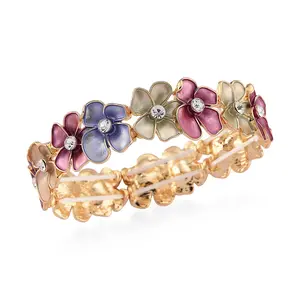 Crystal, Multi Color Enameled Floral Bangle Bracelet in Goldtone 7-7.5In