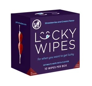 BACK IN STOCK! Lucky Wipes For Men Strawberries and Cream Flavored Wipes 10 Wipes per Box - Scented, Gentle, Personal Care, pH Optimized Vegan and Cruelty Free