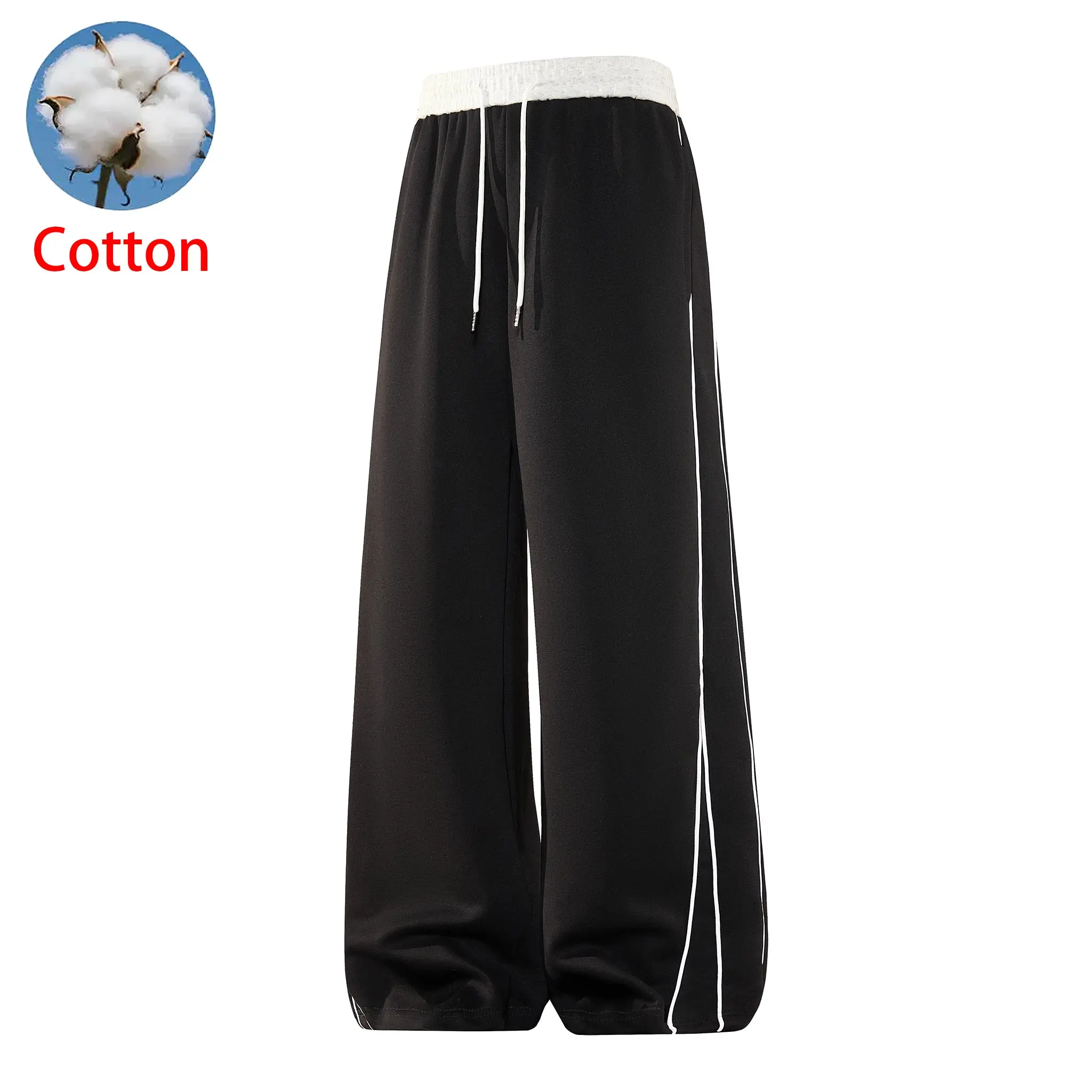 Men’s autumn black and white contrast waist striped sweatpants, loose straight leg, slimming, versatile