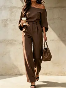 Two-Piece Set Spring Plain One-Shoulder Lantern Sleeve Top & High-Waisted Wide Leg Pants, Casual Loose Fit, Perfect for Office Wear, Commuting, Daily Wear, Going Out, Shopping & Y2K, Womenswear