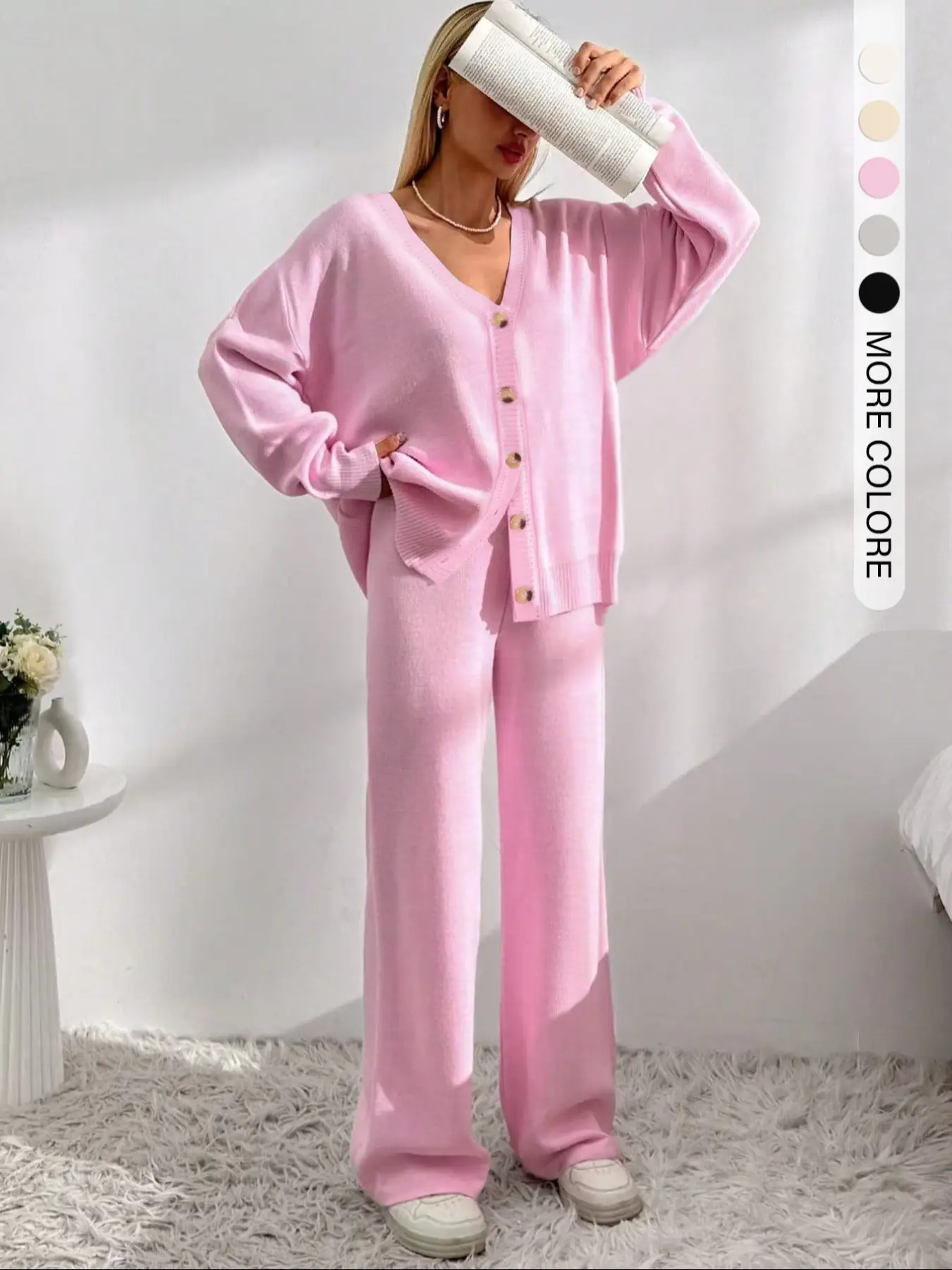 Women's Solid Button Front Drop Shoulder V Neck Cardigan & Elastic Waist Wide Leg Pants Two-piece Set, Casual Fashion Cozy Knitwear Set for Daily Outd