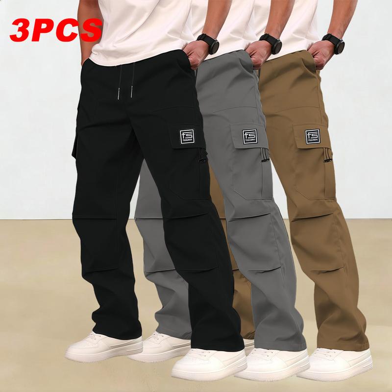 Men's multi-pocket work pants, 3-pack, suitable for all seasons and machine washable; mid-rise with drawstring closure; non-stretch polyester fabric; casual wear with pockets; versatile cargo pants