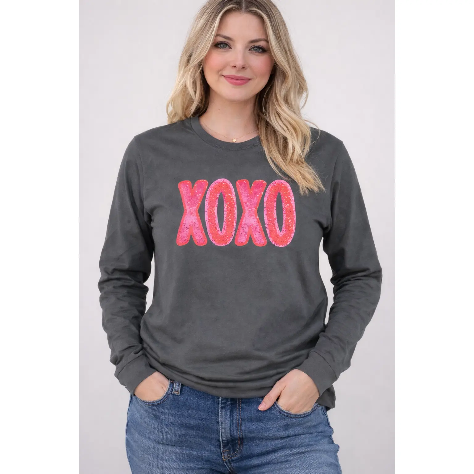 XOXO Long Sleeve Tee | Pink Valentine Graphic Shirt | Unisex Soft Fit