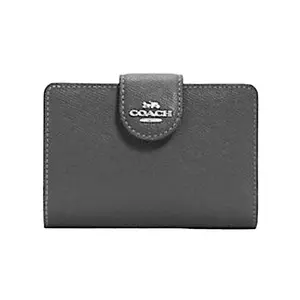 COACH Leather Corner Zip Card Wallet with Snap Closure for Women in Silver/Black