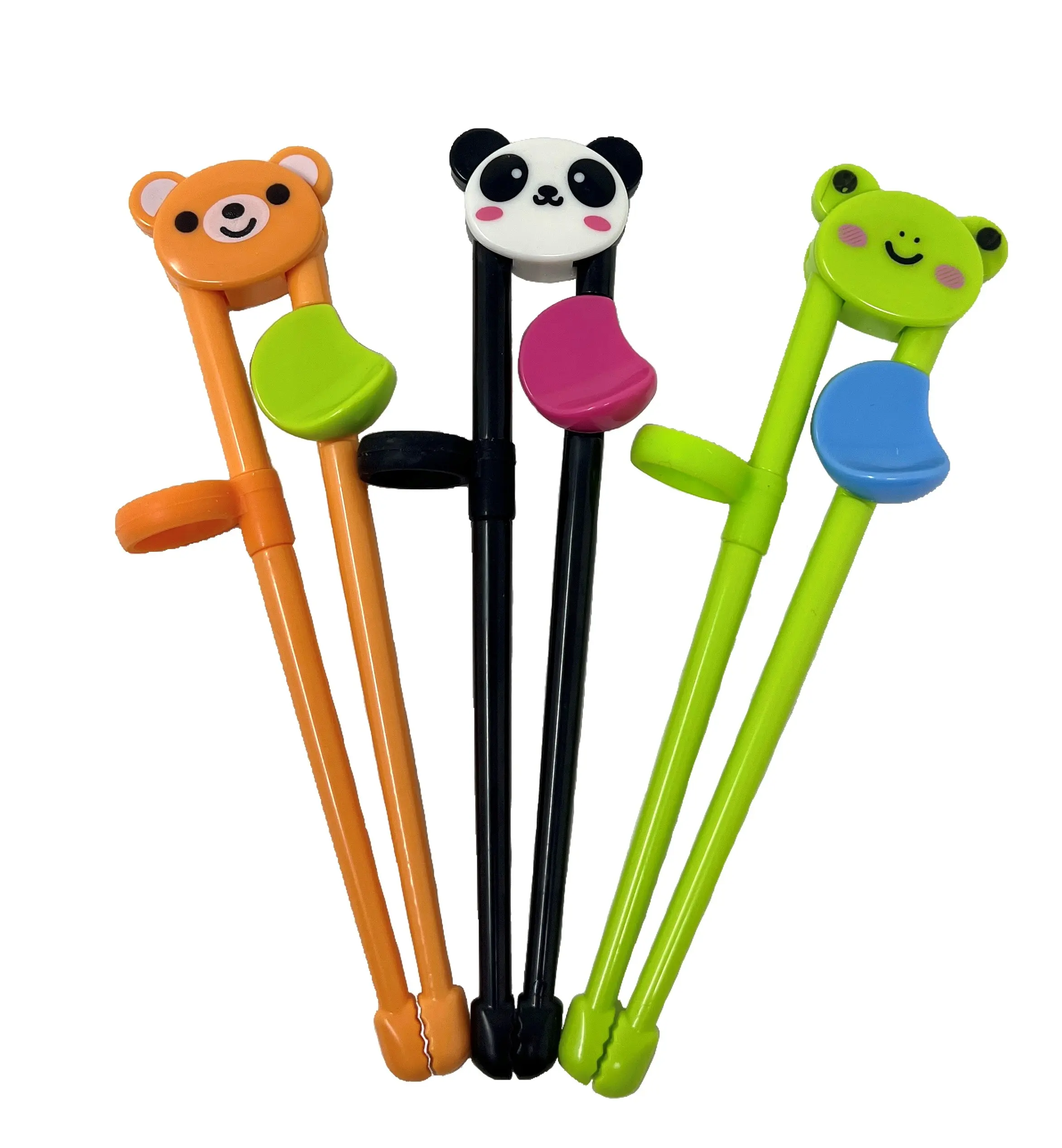 Set of Reusable Training Chopsticks for Beginners, Chopstick Learning Helper Utensils with Thumb Pad and Nonslip Silicone Rings - Frog, Panda, and Bear, Kids, Cutlery, Cute Animal Designs
