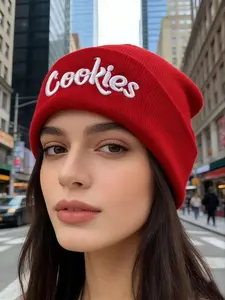 Unisex Street Style Knitted Beanie Hat, Multicolor Cookies Embroidery Design, Versatile Winter Accessory for Men & Women
