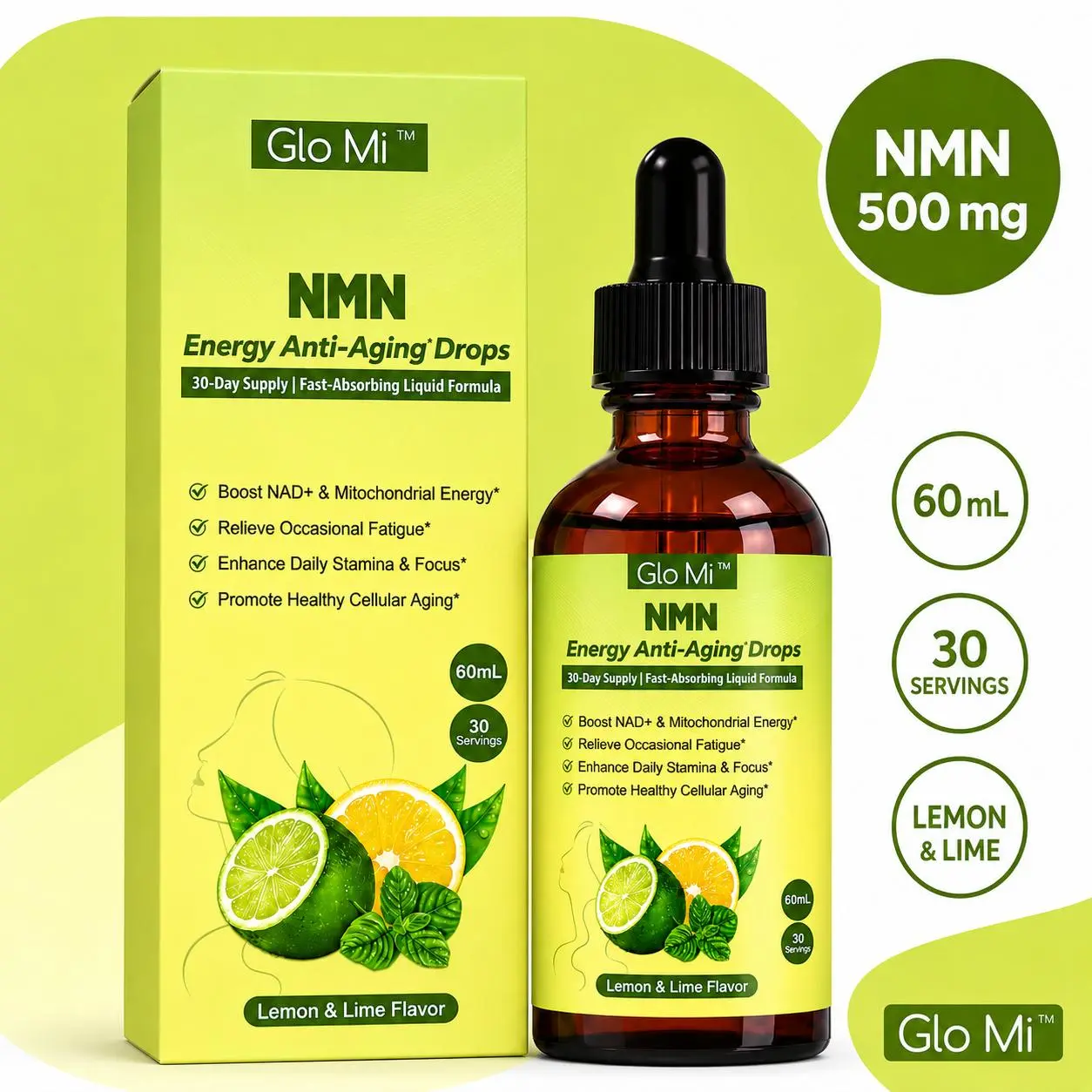 Glo Mi NMN Liquid Drops for Adults – 500 mg NMN with AKG, TMG, Trans-Resveratrol, CoQ10 & PQQ, Lemon Lime Flavor, 60 mL, 30 Servings