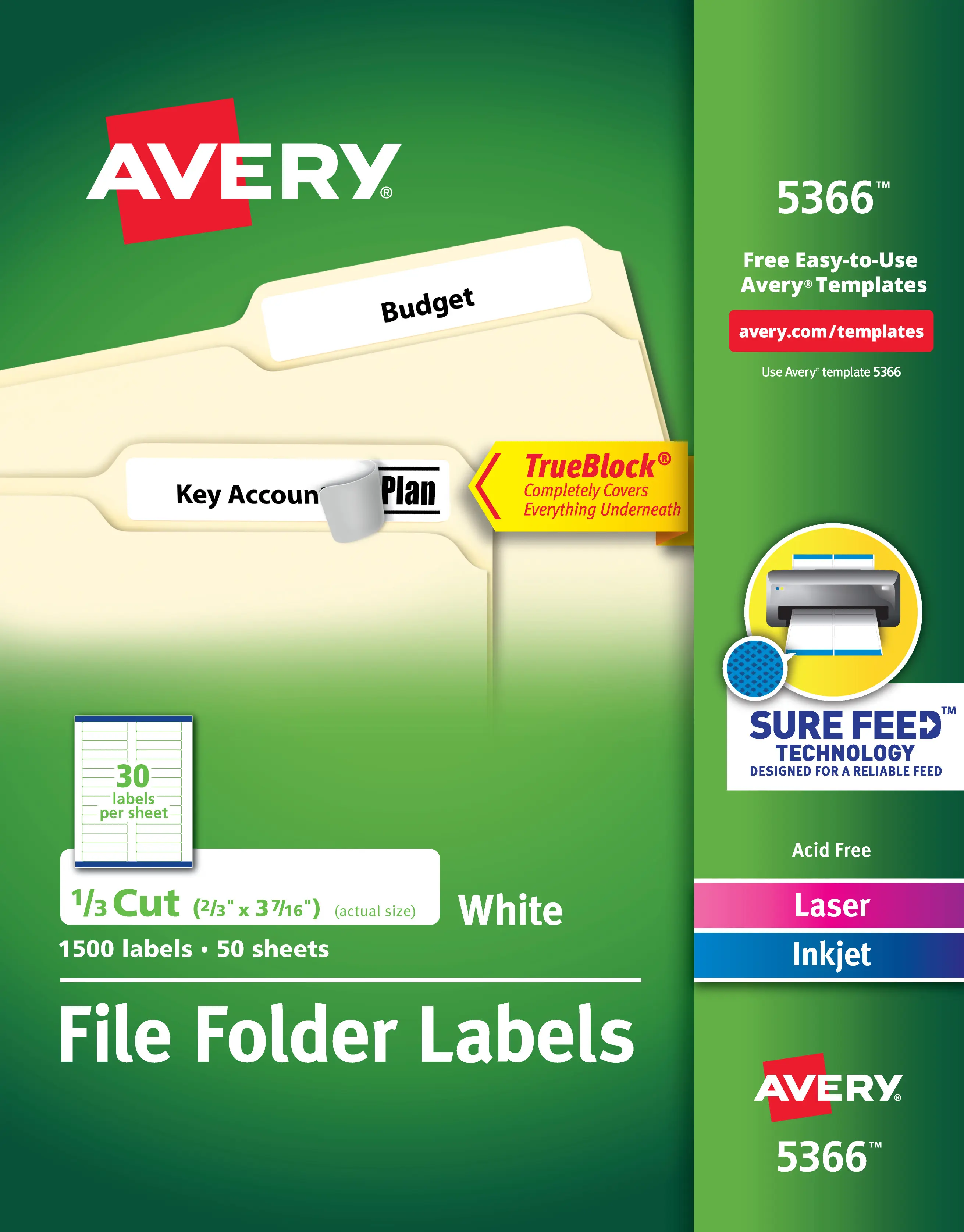Avery TrueBlock File Folder Labels, 2/3" x 3-7/16", 1,500 Printable Labels, White (5366)