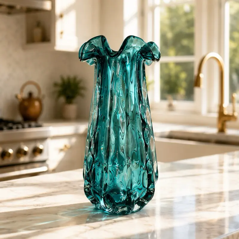 Ocean Ripple Teal Glass Vase - Handcrafted Classic Flower Holder with Wavy Texture, Luxury Modern Home Decor Statement Piece, Box Packed