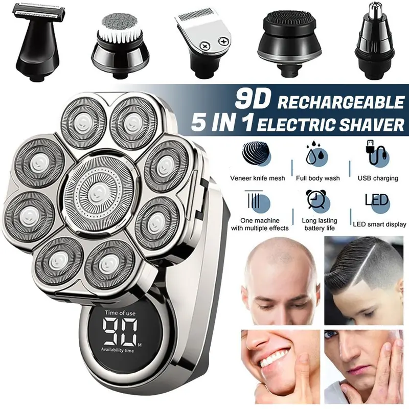6-in-1 Durable 9D Rotary Head Facial Beard Shaver Kit for Bald Men, Waterproof Wet-Dry Cordless Trimmer Clipper, LED Display, Rechargeable with Brush & Comb, Holiday Gift for Home & Travel