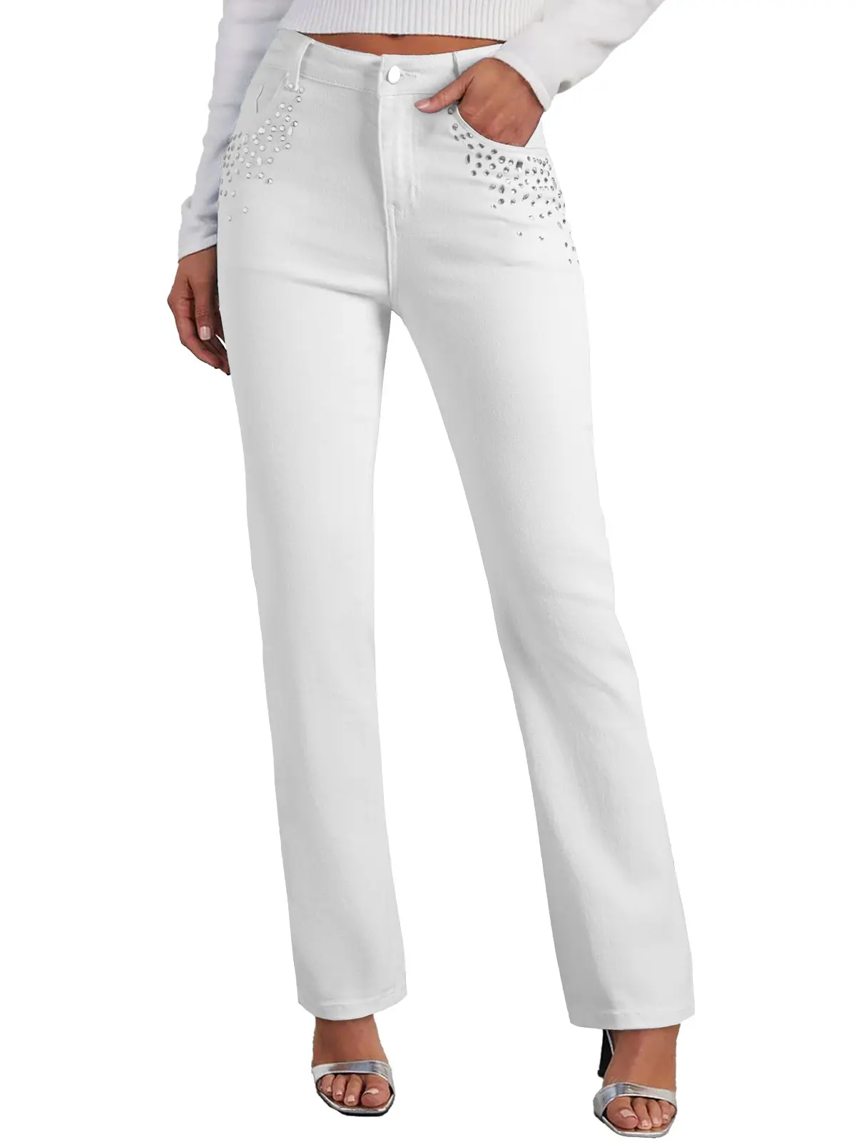 Sidefeel Women's Rhinestone Jeans High Waisted Stretchy Straight Leg Denim Wide Leg Pants TikTokShopBlackFriday DealsForYouDays summerwins WeeklyDeals Summer Outfit