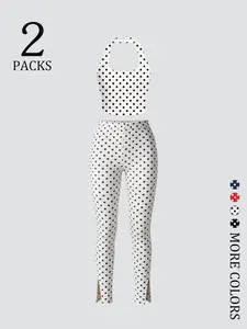 2 Pack Women's Polka Dot Halter Top & Split Hem Leggings Set, Slim Fit High Waist Outfit, Trendy Baddie Chic Summer Outfits with Tummy Flattering Design, Perfect for Daily & Coachella Wear
