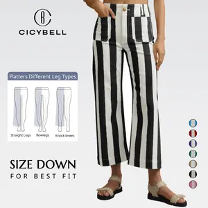 Cicy Bell Womens Cropped Striped Jeans Casual High Waisted Stretchy Polka Dots Straight Leg Denim Pants with Pockets