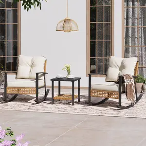 Beige 3-Piece Rocking Bistro Set with Thick Cushions and Oversized Coffee Table for Garden, Balcony & Backyard