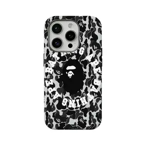 Cartoon BAPE camouflage pattern double-layer film phone case, suitable for iPhone 17, 16, 15, 14, 13, 12, trendy and cool drop-proof glossy hard shell protective case.