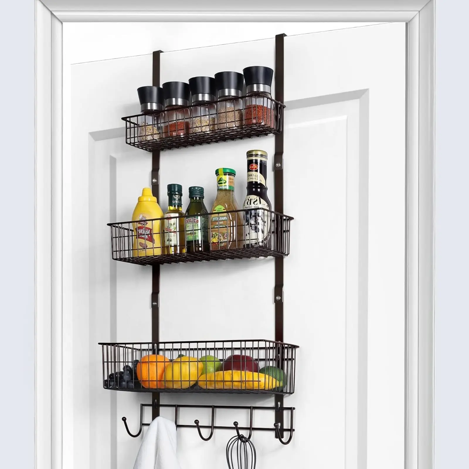 Over the Door Pantry Organizer, 3 Tier Hanging Basket Back with Hooks, Over the Door Shelves with Baskets, Metal Door Storage Rack Shelf, for Bathroom Kitchen Pantry Bedroom