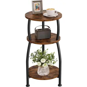 Small Round Side Table, 3-Tier End Table with Storage Shelf, Slim Coffee Table for Small Spaces, Industrial Sofa Table for Narrow Gaps in Living Room & Bedroom, Rustic Brown