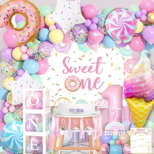 1st birthday decorations for girl 128pcs sweet one birthday party decorations balloon boxes party backdrop photo banner donuts ice cream candy balloons garland