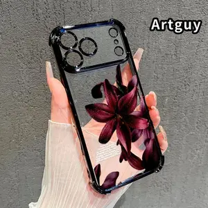 Dew - kissed Lilies' Rhapsody Pattern Four Corner Anti-Fall Phone Case Transparent Electroplated Protective Cover for iPhone 17 Pro Max Air 16 15 Plus 14 13 12 11 E fashion gift