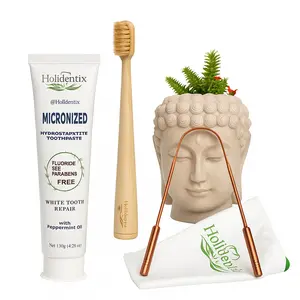 Holidentix Manual Bamboo Toothbrush with Natural Boar Bristles, Micronized Hydroxyapatite Toothpaste, Premium Copper Tongue Scraper, 3 Piece Oral Care Set