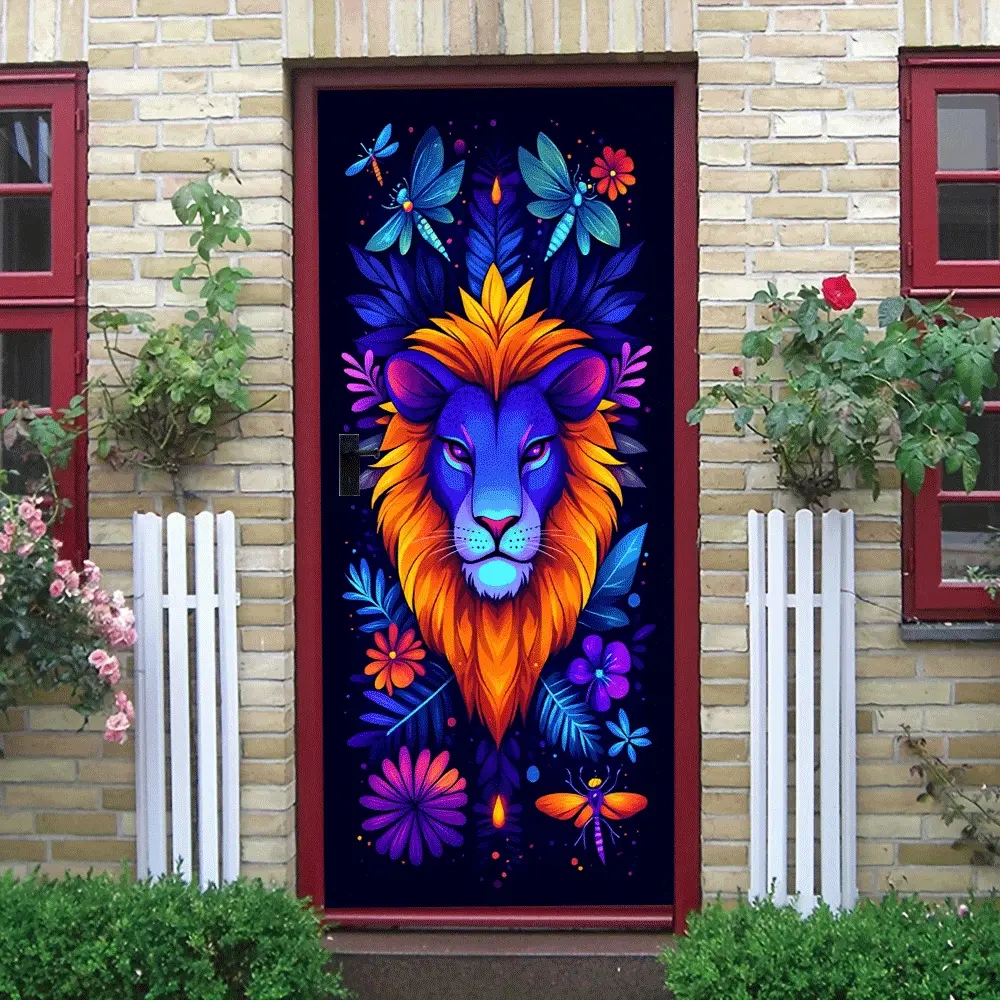 2pcs Vibrant Lion Head Wall Sticker Southeast Asian Style Animal Decorative Decal Self Adhesive Removable PVC Art Mural for Living Room BedroomHome Festival Decoration