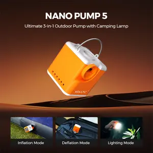 Vollyc Nano Pump 5 – Ultra Mini Portable Air Pump with Camping Light, 4.5kPa Electric Inflator & Deflator, 2400mAh Rechargeable Battery, 6 Nozzles, for Air Mattress, Pool Floats, Vacuum Bags