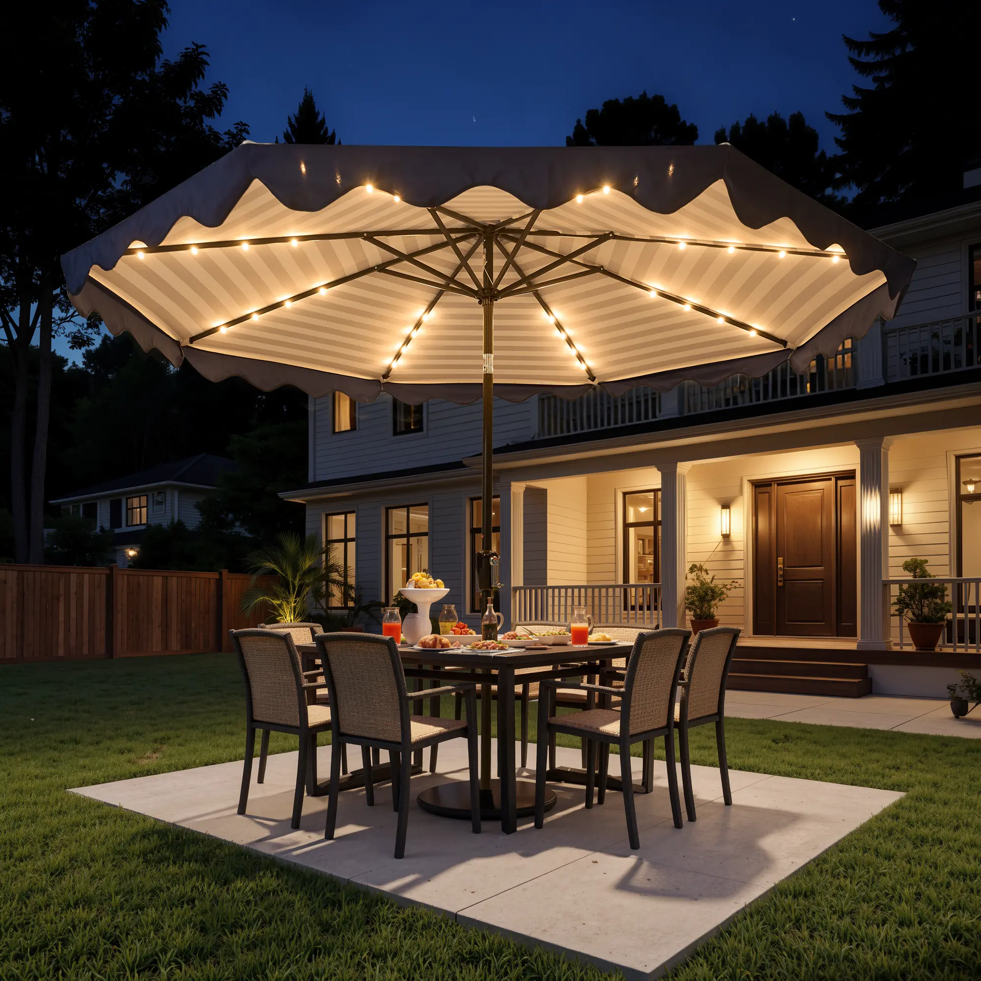 CAODOC 10FT Solar LED Patio Umbrella, Scalloped Outdoor Table Market Umbrella with LED Lights, Vented Top, Tilt Adjustment, Crank, 8 Ribs for Backyard Poolside Deck Beach Lawn