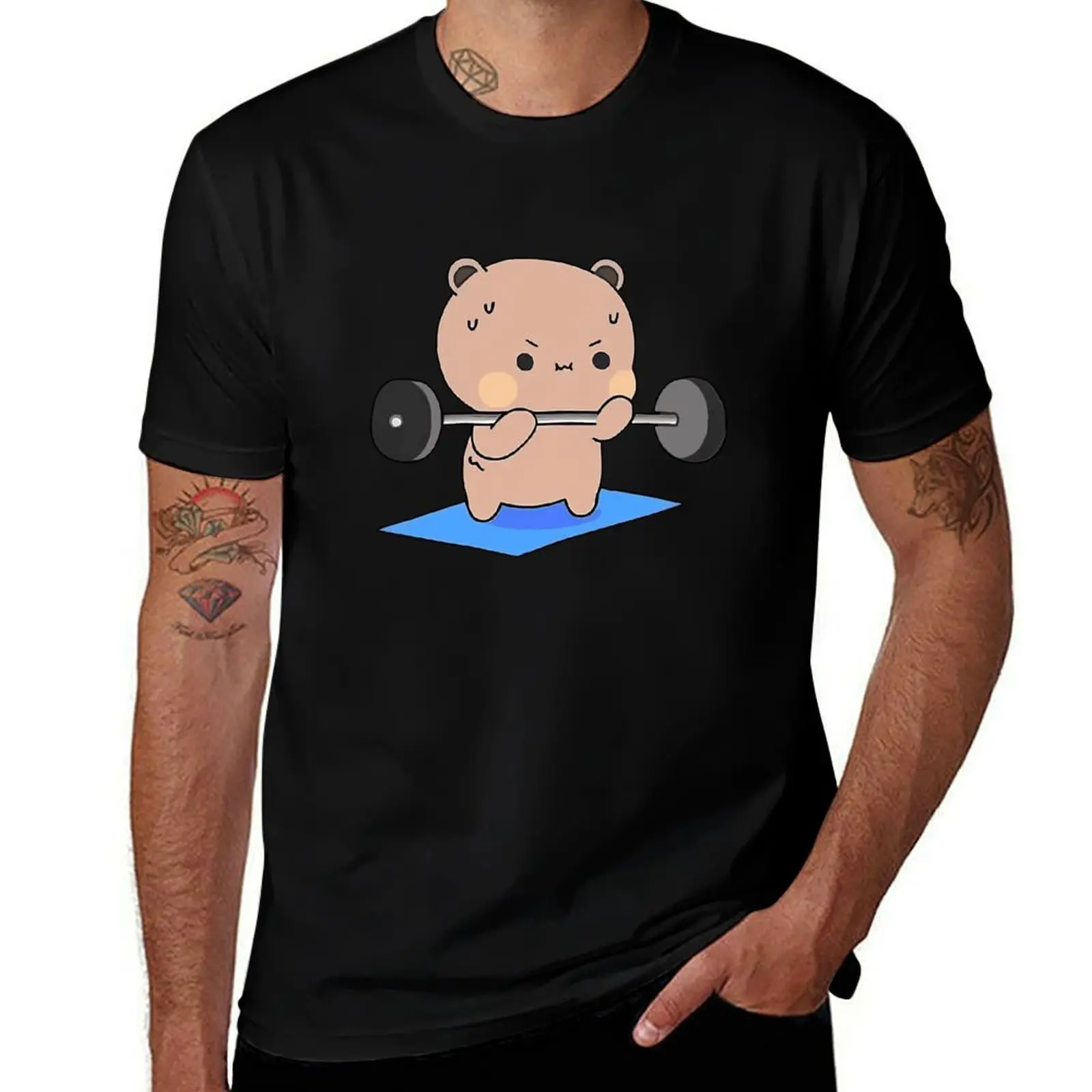 Men's Soft Cotton T-Shirt With Cute Cartoon Bubu Dudu Bear Print - Black Casual Short Sleeve, Loose Fit Round Neck, 180gsm Breathable Fabric, Machine Washable, All-Season Comfort
