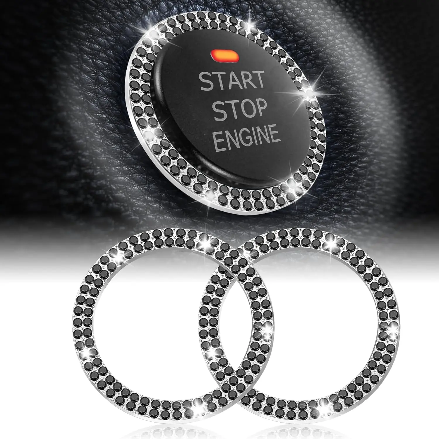 Double Rhinestone Car Interior Decor Ring, 1.2 Inch 0.075 Inch Thickness Double Ring, Women's Bling Push to Start Button Cover/Sticker, Key & Stick Shift Knob Accessory, Black Automotive Interior Sticker
