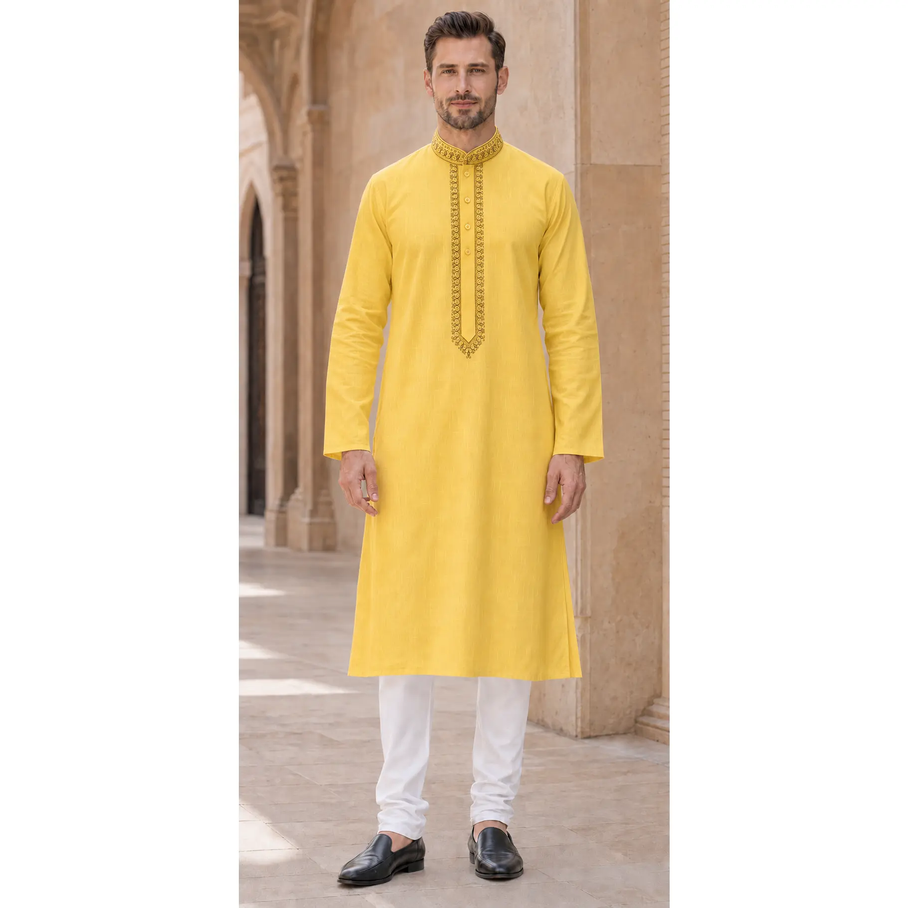 Men's Yellow Embroidered Kurta Pajama Set