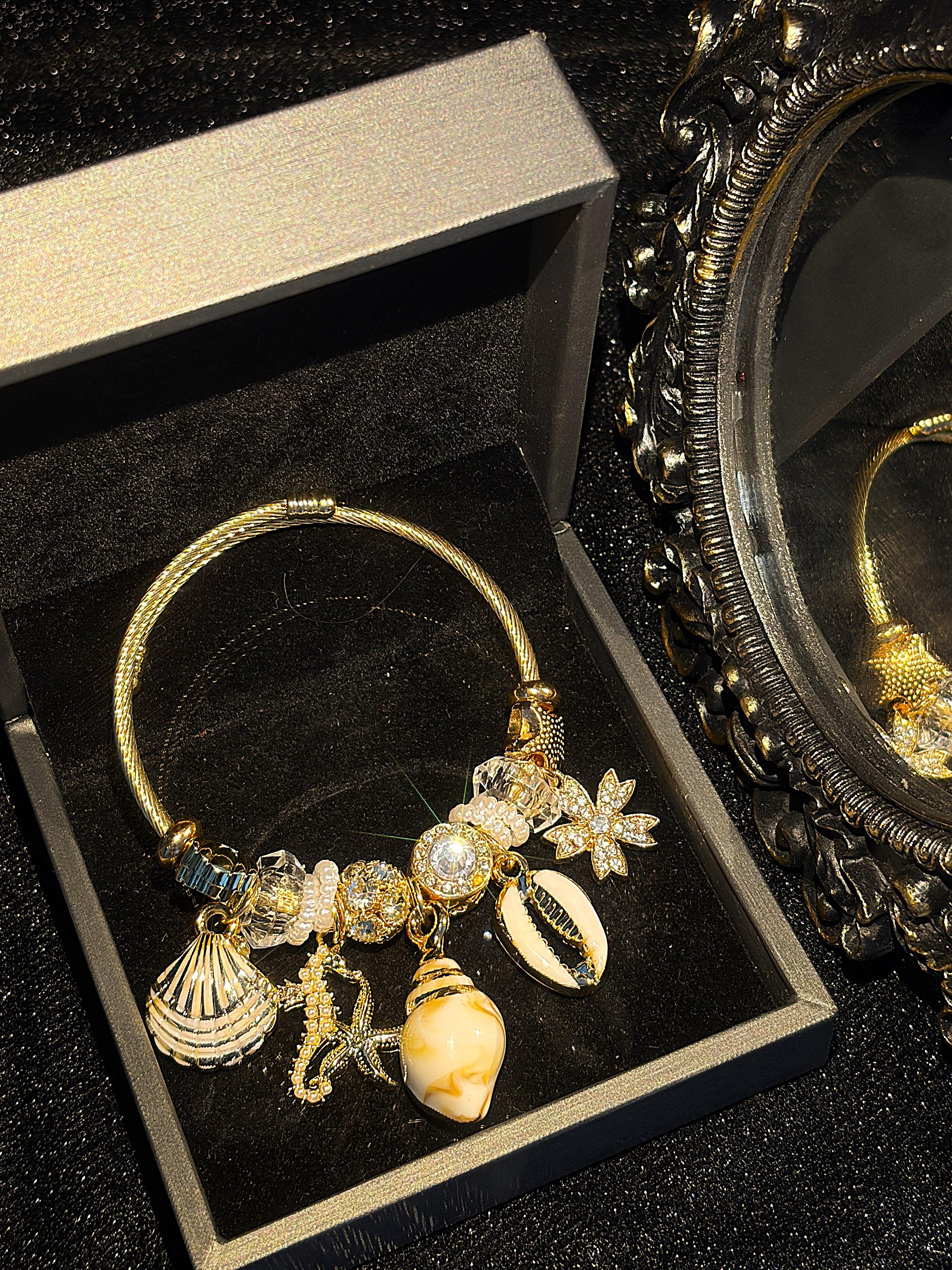 Gold Tone Open Cuff Bangle Bracelet, Ocean Theme Shell Starfish Seahorse Dangle Charms, Crystal Beaded Bracelet, Fashion Jewelry Gift for Women Teen Girls Gold Tone Open Cuff Bangle Bracelet, Ocean Theme Shell Starfish Seahorse Dangle Charms, Crystal Beaded Bracelet, Fashion Jewelry Gift for Women Teen Girls