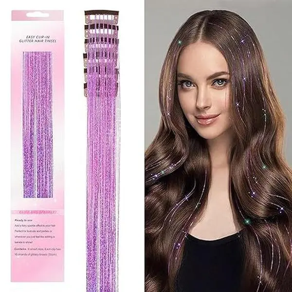 6 Pcs 24 Inch Clip In Hair Tinsel, Glitter Fairy Hair Extensions, Dazzling Tinsel Hair Strands Kit, Sparkly Festival Party Hair Accessories for Women Girls Kids Synthetic Curly Wavy