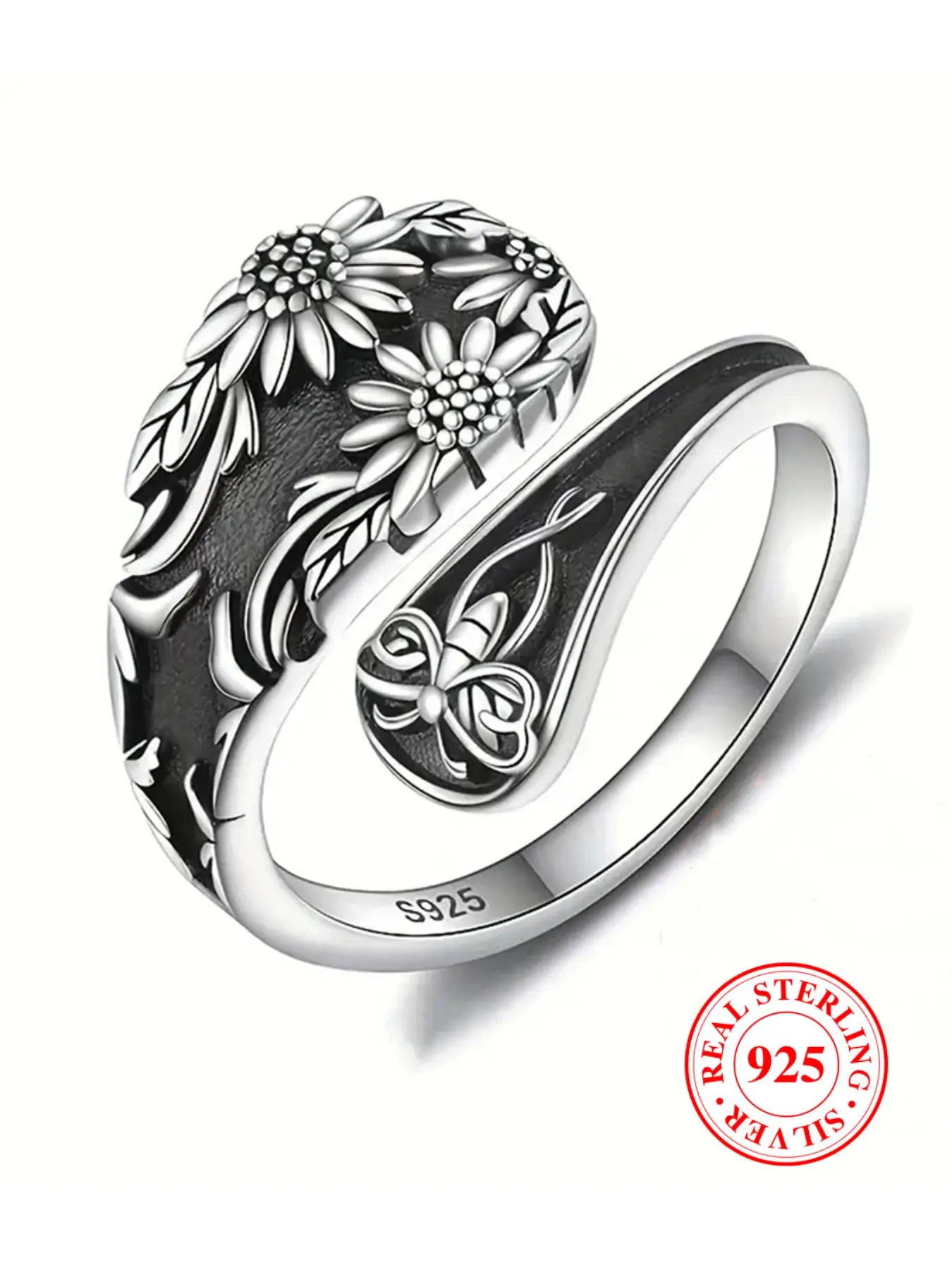 925 Sterling Silver Vintage Flower Design Cuff Ring, Boho Style Ring for Women & Men, Fashion Jewelry Accessories for Daily Wear