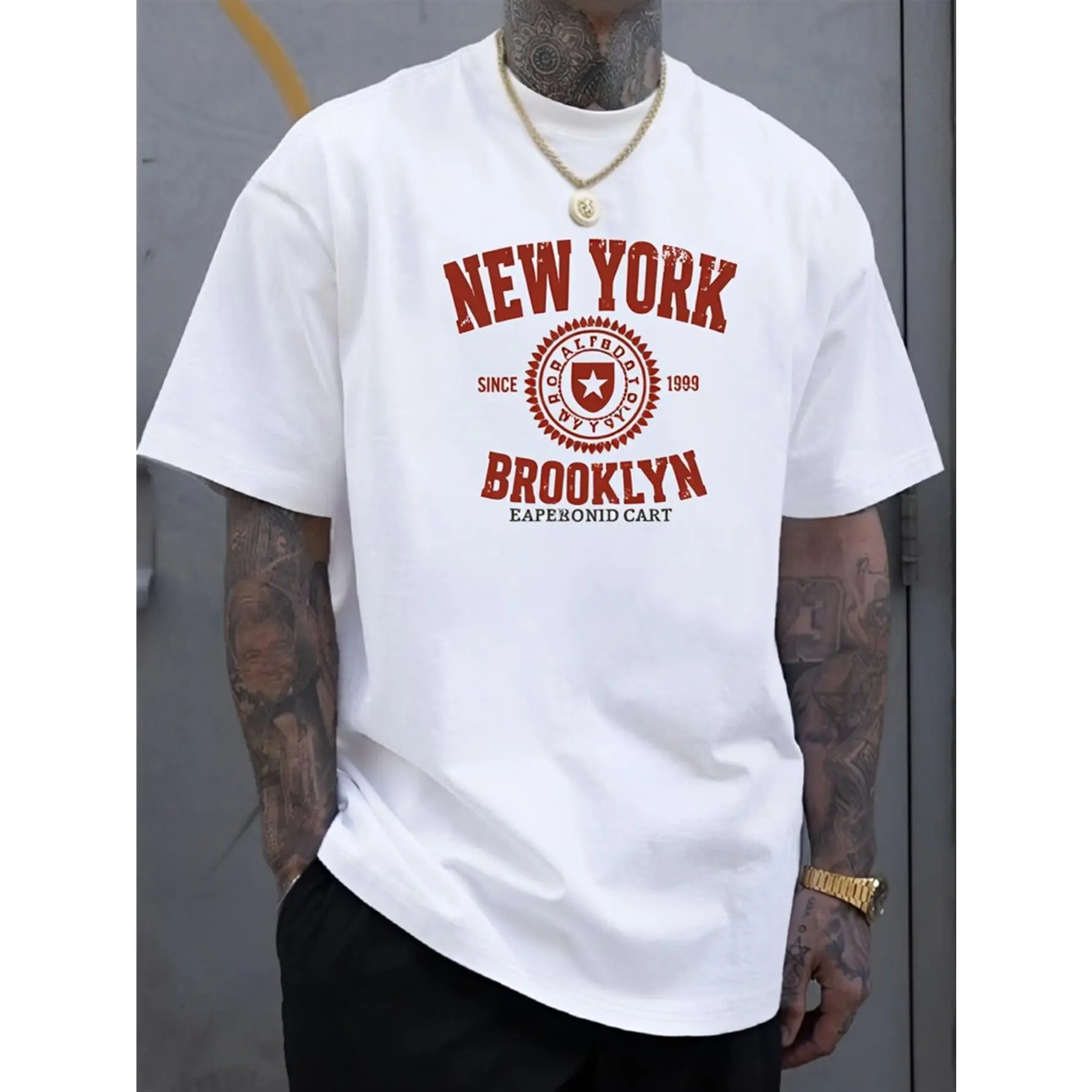 Men's Oversized White Crew Neck Shortsleeve Tshirt - NYC Brooklyn Red Lettering Tops, Graphic Tees with Signature Taxi & Statue of Liberty Print, All-Season Casual Streetwear for Lounge & Travel