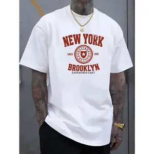 's New York Brooklyn Red Lettering T-Shirt - Oversized White Crew Neck Short Sleeve Tee with Signature NYC Taxi & Statue of Graphic Print, All-Season Fit Casual Streetwear, Lounge & Travel Apparel (Machine Wash graphic tee men's t shirts