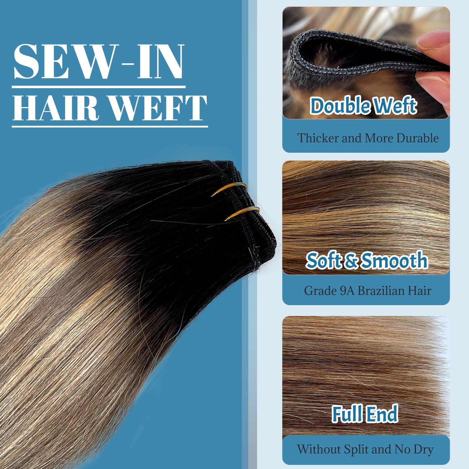 Black to Ash Blonde Balayage Highlight Sew In Extensions 24 Inch Real Human Hair Weft Extensions 120G Double Weft Remy Human Hair Bundles For Women Hand Tied Full Head Straight Hair Weaves