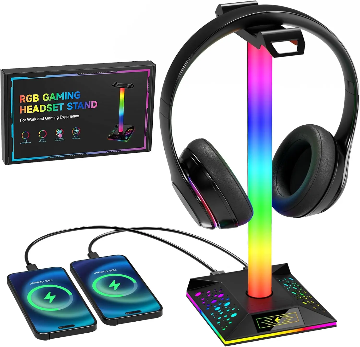 Headphone Stand Gaming Headset Holder RGB PC Gaming Accessories for Desk, Cool LED Headset Stand with 2 USB Charger for Gamer, Black