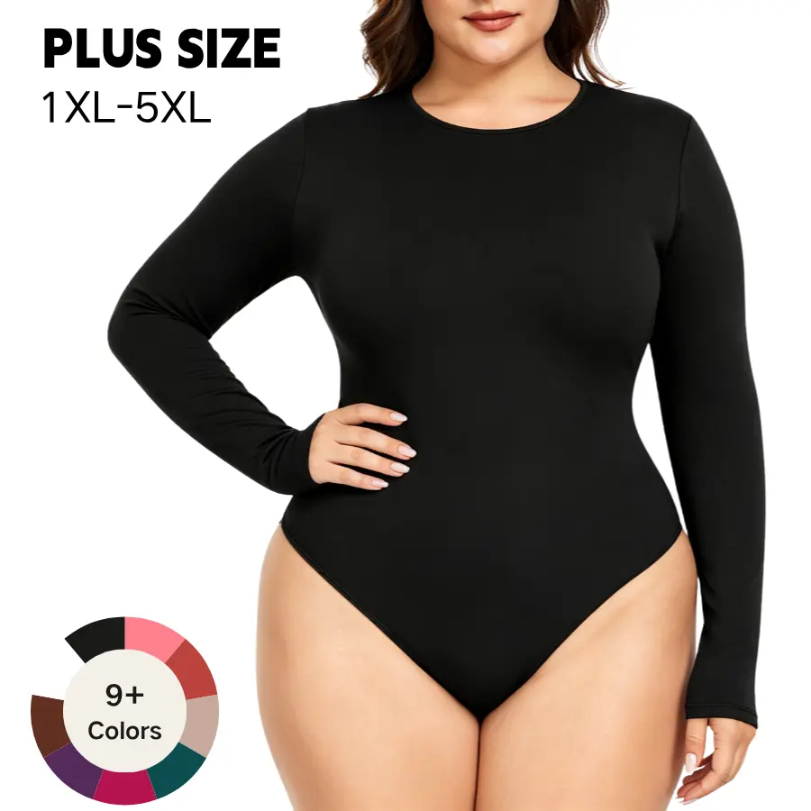 【Plus Size】 Women's Plus Size Long Sleeve Bodysuit, Viral Tummy Control Curvy Fit Ribbed Stretchy No See Through Shapewear Bodysuit, Crew Neck Basic Minimalist Layering Essential Daily Casual Outfit Tops with Snap Closure, 1XL-5XL  Womenswear