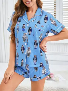 2-Piece Women's Blue & White Striped Pajama Set, Pyjamas, Pjs - Short Sleeve Top + Shorts, Cute Teddy Bear Print, Soft Comfortable Fabric, Lapel Collar with Small Pocket, Elastic Waistband, Suitable for All Seasons, Daily Loungewear