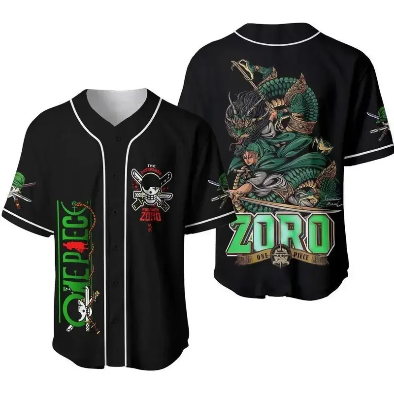 OP Roronoa Zoro Anime Baseball Jersey Men Women Cool Wano Green Dragon Swordsman Graphic Breathable Streetwear Button Up Shirt Oversized Cosplay Top