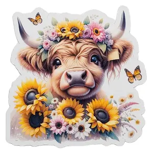 Highland Cow and Sunflowers Waterproof and UV-resistant Sticker, 2.9"x3" for Smooth Surfaces Decor Flat, Great Gift for Adults, moms, student Ornaments