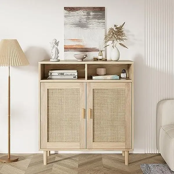 GARVEE Natural Rattan Sideboard Cabinet Boho Modern Farmhouse 2-Door Buffet with Adjustable Shelf, Perfect for Stylish Kitchen, Dining & Entryway Storage