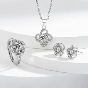 Four-leaf clover stud earrings with zirconia inlay - Rotating lucky grass earrings, necklace and ring set