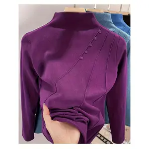 Half-high Collar Double-sided Fleece Undershirt Women's Spring Autumn And Winter Inner And Outer Wear Fashion Long-sleeved T-shirt Top Women