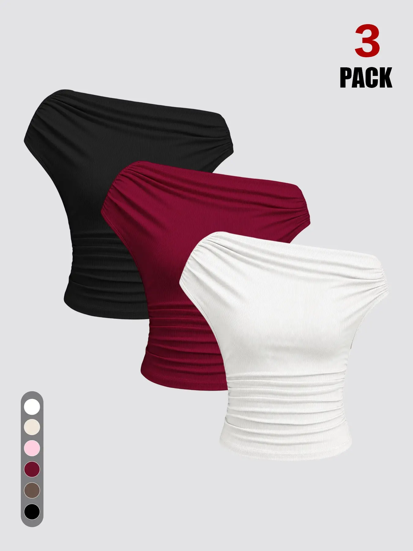 2026 Style One-Shoulder Ribbed Cropped Top, 3-Pack, Summer Strapless Fitted Waist Short T-Shirt, Sexy Shoulder Reveal Leg-Lengthening Underwear, Elastic Tank Top