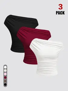 2026 Style One-Shoulder Ribbed Crop Top, 3-Pack, Summer Strapless Fitted Waist Short T-Shirt, Sexy Shoulder Reveal Leg-Lengthening Underwear, Elastic Tank Top