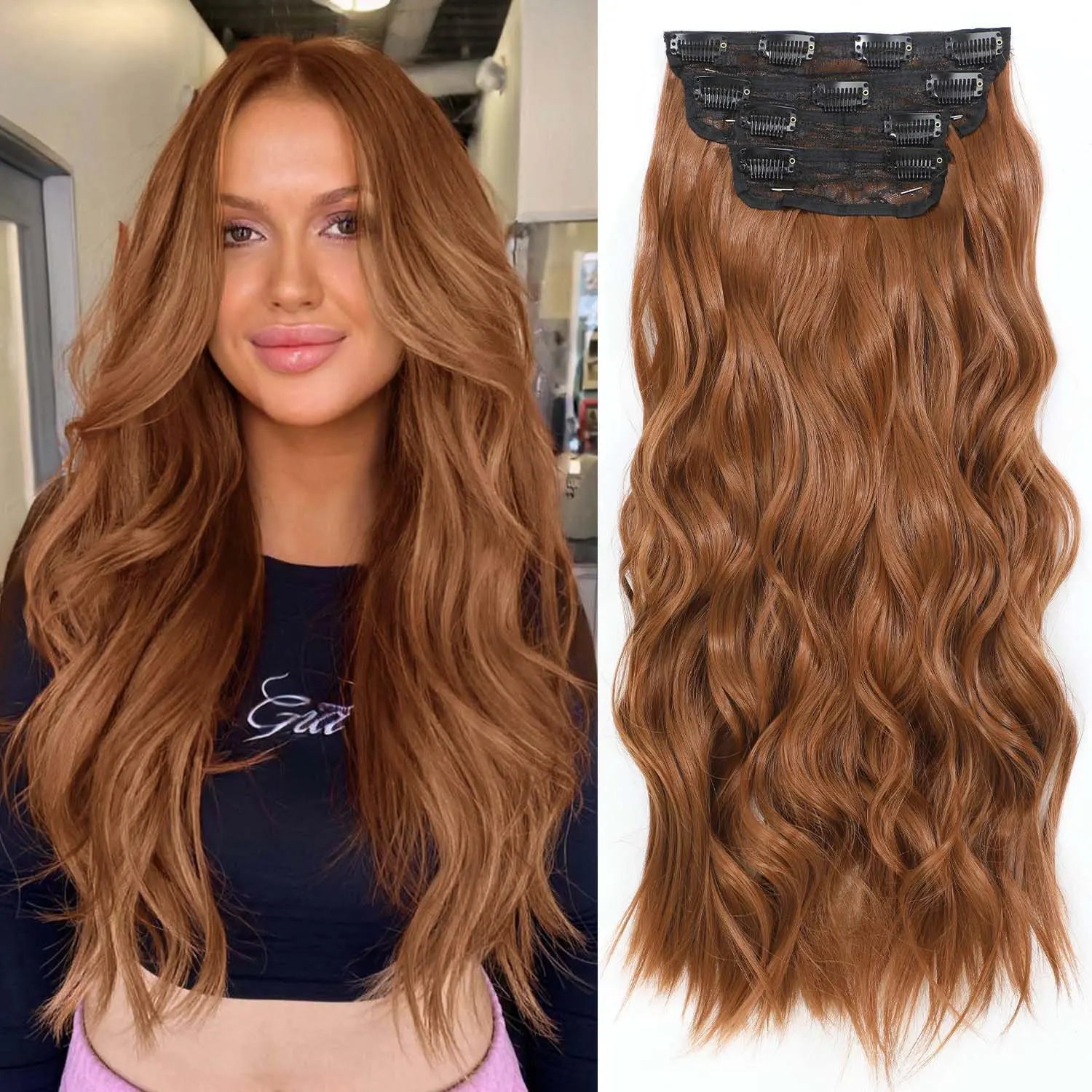 Fable Beauty Shop 20 Inch Natural Look Curly Wave Extensions for Women, 4-Piece Thick Double Weft Synthetic Clip-in Hair, 190g, Copper Auburn, Clip In Hair Extensions, Hair Extensions Clip In