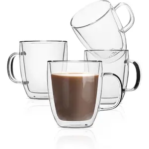 Double Wall Glass Tea and Coffee Mugs Set of 4 12oz Insulated Clear Drinkware Stylish Oven Tumbler Dishwasher Safe Microwave Safe Printed Washable, Morning Routine, Housewarming Gift