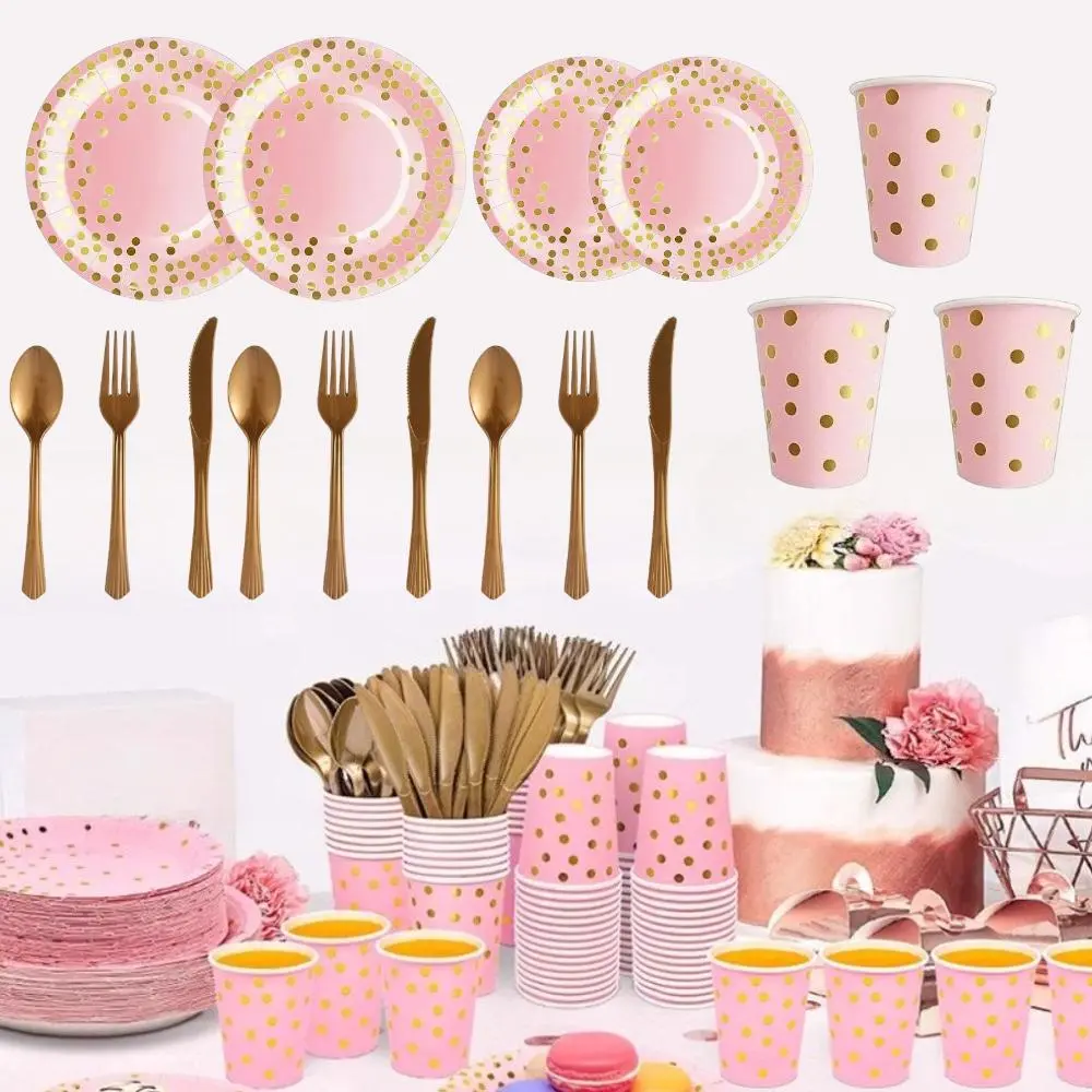 175pcs Pink Gold Disposable Tableware Set for 25 Guests - Car Interior Decoration, Birthday, Wedding; Plastic Utensils (Forks, Knives, Spoons), Golden Dot Paper Plates, Napkins, Cups for Celebration